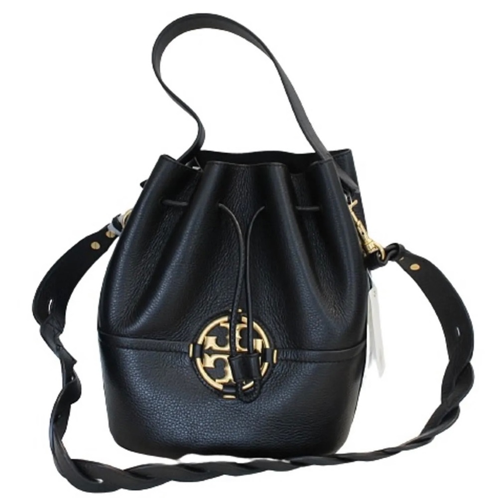 NEW TORY BURCH Ladies Miller Black Grain Leather Drawstring Bucket Bag